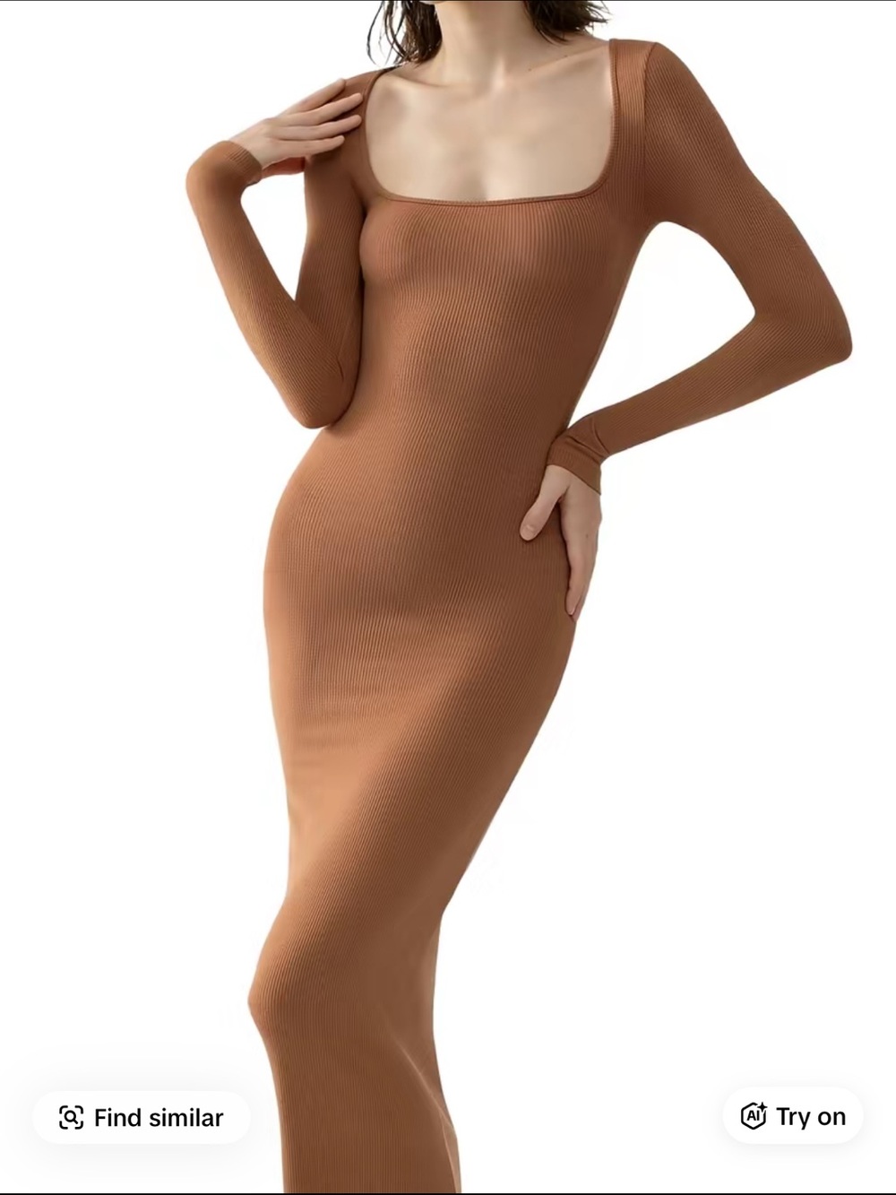 Square Neck Ribbed Long-Sleeve Slip Dress - Brown